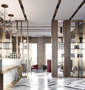 Modern lobby in Moscow combines brass, marble & special lamps