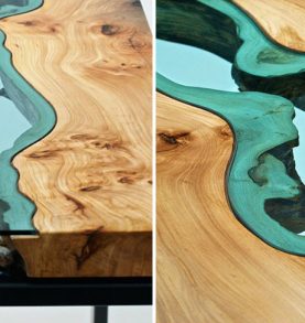 STUNNING WOODEN COFFEE TABLE WITH GLASS RIVERS AND LAKES