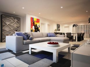 A Luxurious Modern Apartment With Vibrant Colors And Modern Lamps